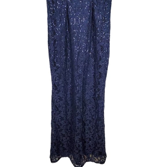 NEW MARINA Sequin Lace Gown Dress Sz 6 Navy Blue Sleeveless Sheath Keyhole Back - Picture 5 of 16